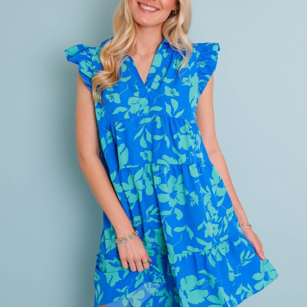 Umgee Blue Floral Ruffle Sleeve Dress